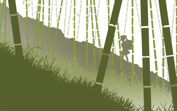 Mayoi Hachikuji (Monogatari Series) silhouette with backpack walking through a minimalist green bamboo forest — 4K Ultra HD PC wallpaper