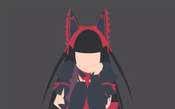 Minimalist vector of Rory Mercury (Gate, 2015) in a red-and-black gothic outfit with long black hair and horned headpiece — 2K Quad HD PC desktop wallpaper/background.