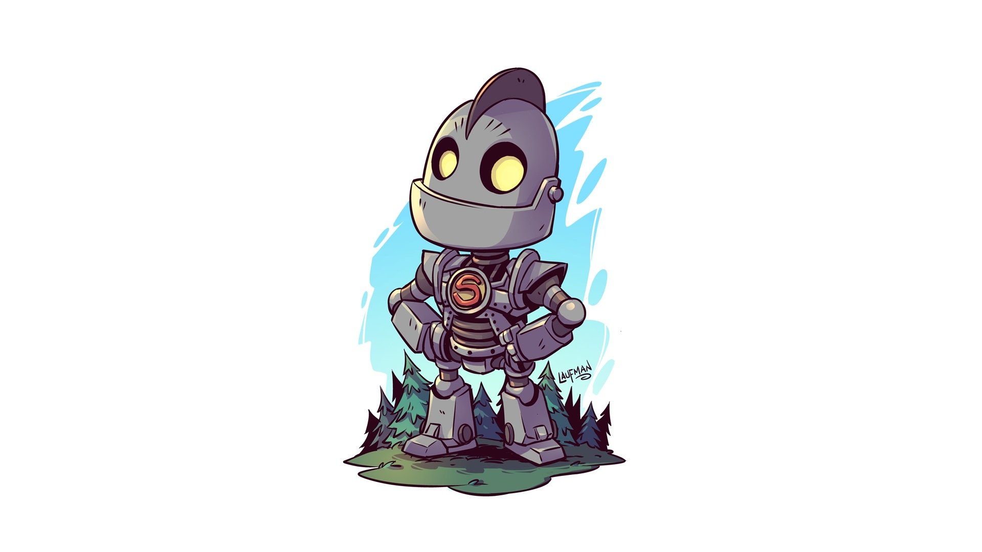 Chibi-styled Iron Giant robot from the movie, glowing yellow eyes, standing on a grassy mound with trees and blue sky — HD PC desktop wallpaper/background.
