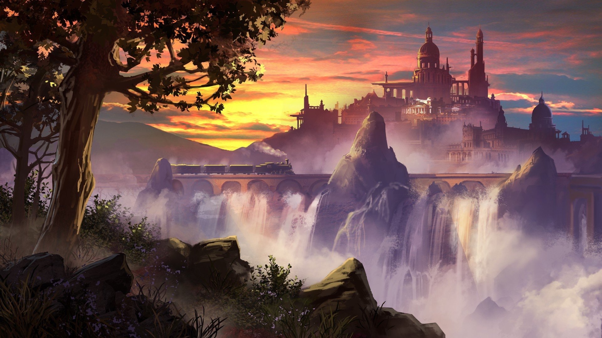 Fantasy Waterfall City Train - HD Wallpaper