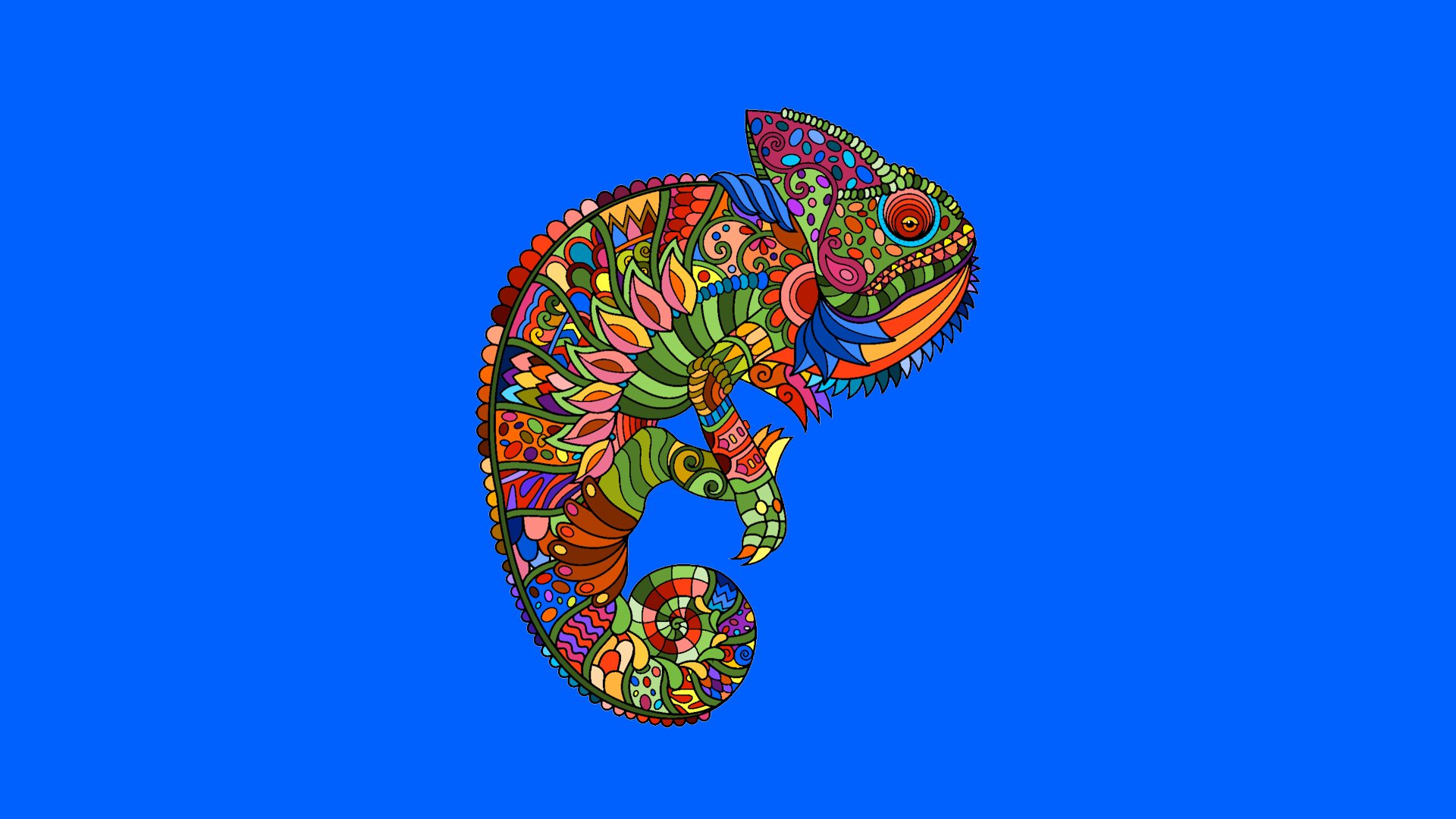 Vibrant dream-inspired mandala chameleon with intricate patterns and bright colors on a blue background, designed as an HD PC desktop wallpaper.