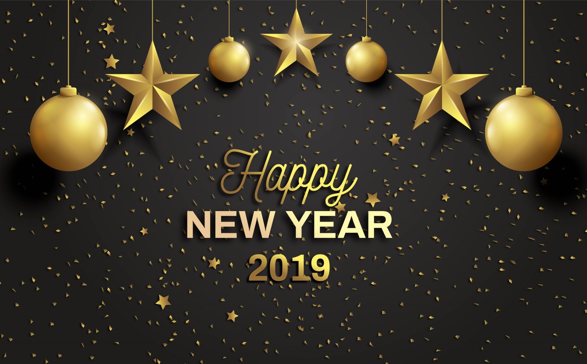 HD desktop wallpaper featuring gold stars and ornaments with Happy New Year 2019 text, decorated with confetti on a dark holiday-themed background.