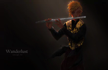 Prompto Argentum from Final Fantasy XV, flute raised in dramatic low light; gold-trimmed outfit, Wanderlust caption — 5K Ultra HD PC desktop wallpaper/background.