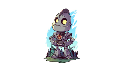 Chibi-styled Iron Giant robot from the movie, glowing yellow eyes, standing on a grassy mound with trees and blue sky — HD PC desktop wallpaper/background.