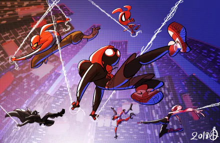 4K Ultra HD PC desktop wallpaper of Spider-Man: Into the Spider-Verse — Spider-Man, Spider-Gwen, Spider-Ham and other web-slingers swinging among neon skyscrapers.