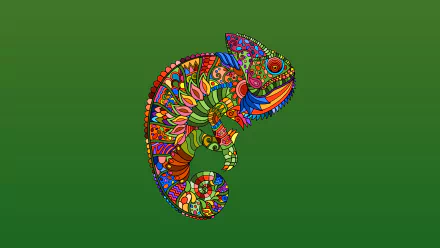 Vibrant, intricately patterned chameleon illustration centered on a green gradient HD PC desktop wallpaper and background.