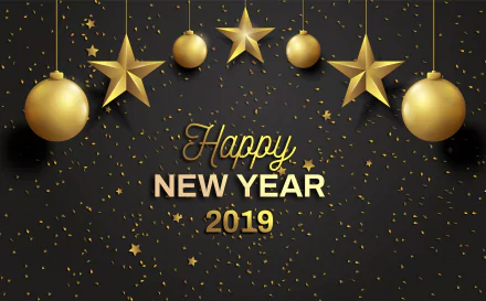 HD desktop wallpaper featuring gold stars and ornaments with Happy New Year 2019 text, decorated with confetti on a dark holiday-themed background.