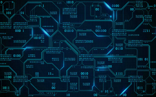 4K Ultra HD desktop wallpaper featuring a detailed blue circuit board design with binary code, showcasing advanced technology and digital connectivity.