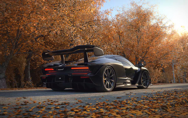 HD PC desktop wallpaper featuring a black McLaren Senna parked on a leaf-covered road surrounded by autumn trees.