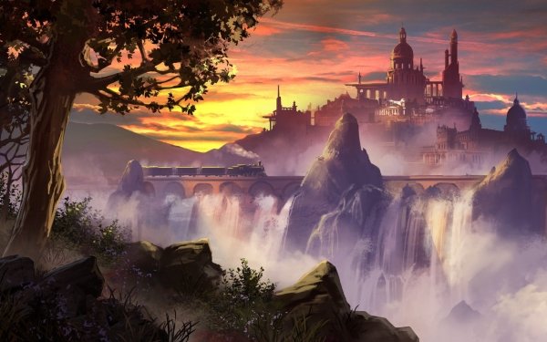 Fantasy City Train Waterfall HD Wallpaper | Background Image