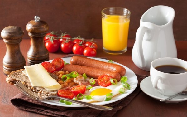 Food Breakfast Still Life Coffee Sausage Juice Cup Glass Tomato Cheese HD Wallpaper | Background Image