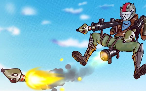 8K Ultra HD Fortnite video game wallpaper depicting an armored character in mid-air firing a rocket launcher against a bright blue sky with scattered clouds.