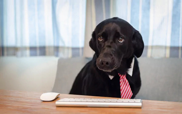 HD PC desktop wallpaper of an animal: a black dog in a red striped tie seated at a desk behind a keyboard and mouse, looking toward the camera.