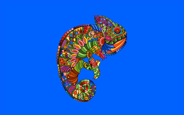 Vibrant dream-inspired mandala chameleon with intricate patterns and bright colors on a blue background, designed as an HD PC desktop wallpaper.