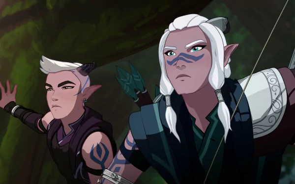 TV show The Dragon Prince — two elven archers with white hair and tattoos poised in a forest, HD PC desktop wallpaper/background.