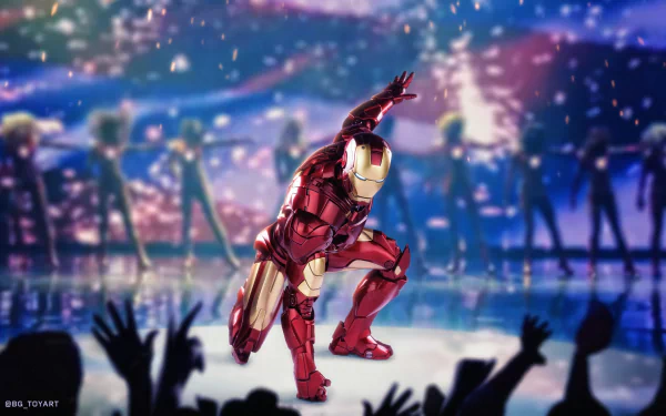 8K Ultra HD PC desktop wallpaper of an Iron Man 2 movie figurine kneeling in a dramatic pose onstage amid colorful lights and silhouetted cheering crowd.