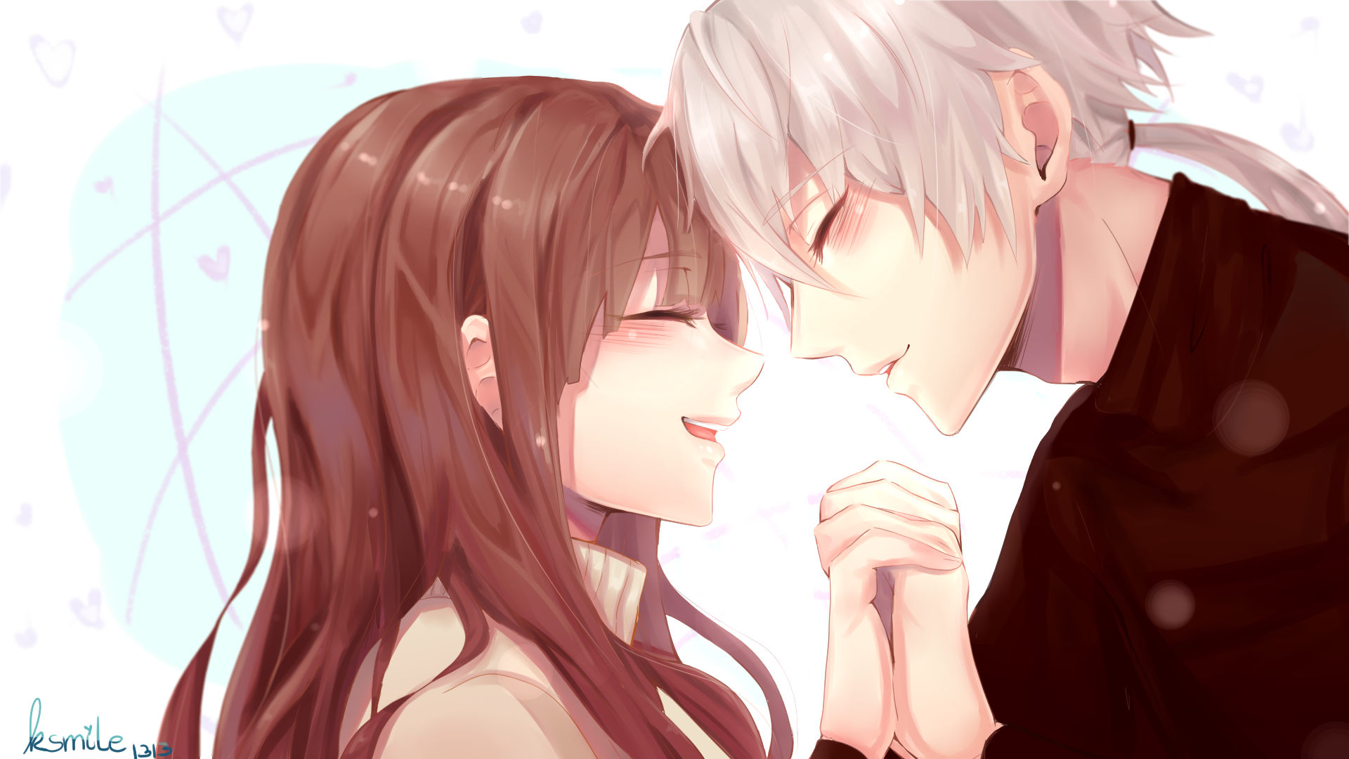 HD anime-style Mystic Messenger desktop wallpaper featuring a tender moment between a girl with brown hair and a silver-haired boy holding hands and smiling.