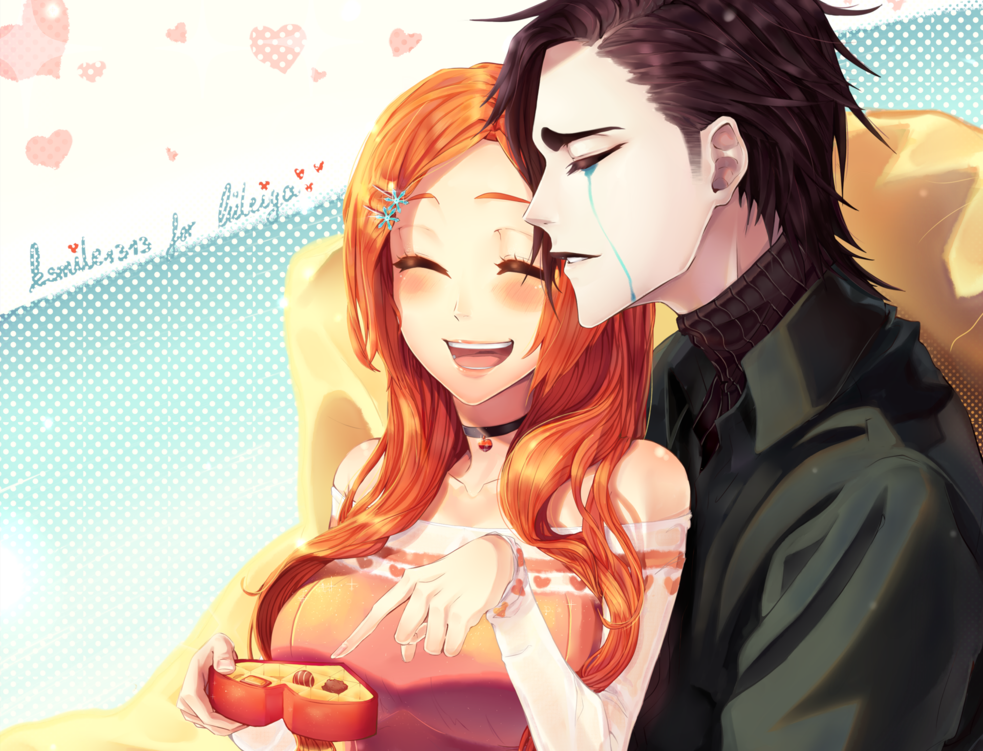 Ulquiorra Cifer and Orihime Inoue from Bleach share a tender moment, Orihime smiling as Ulquiorra leans close, vibrant anime 2K Quad HD PC desktop wallpaper/background.