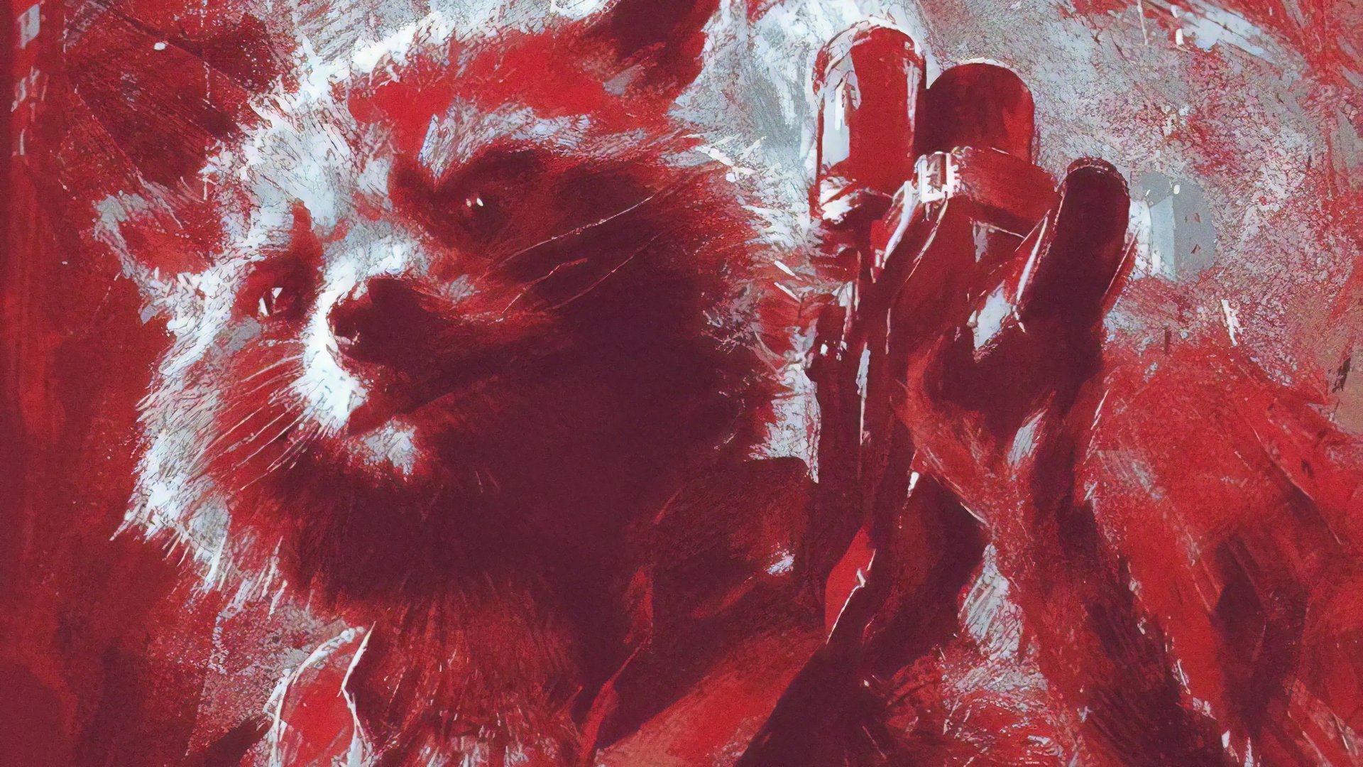 4K Ultra HD PC desktop wallpaper of Rocket Raccoon from Avengers EndGame, showcasing detailed red and white artistic effects.