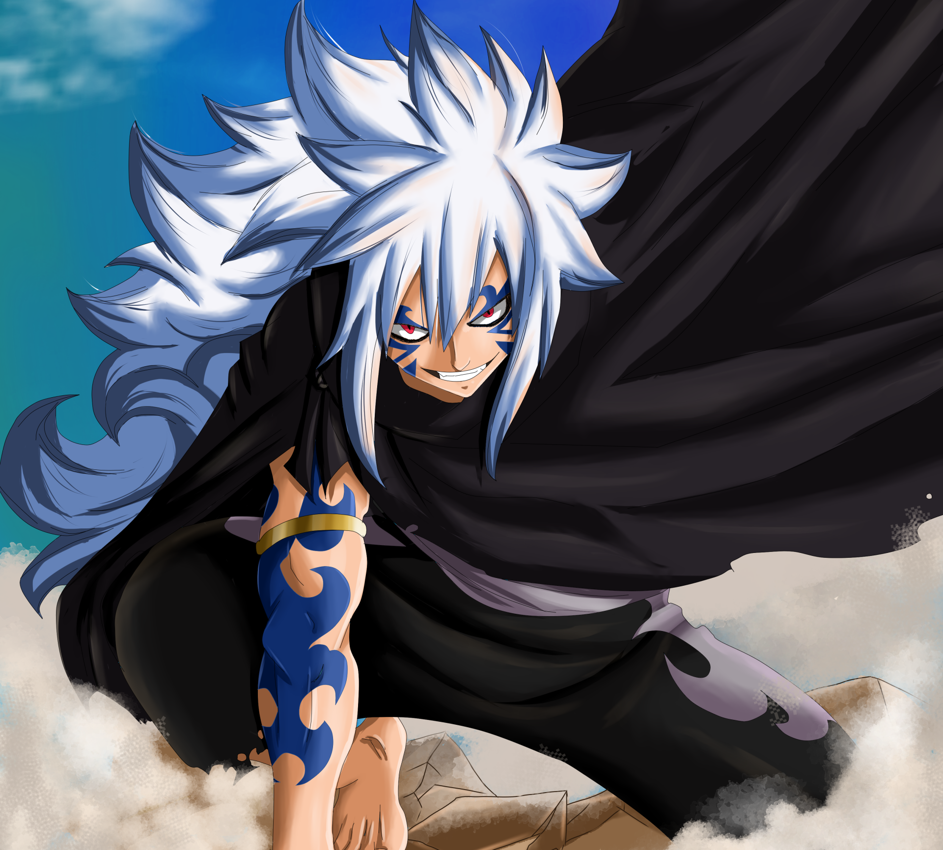 HD PC wallpaper featuring Acnologia from the anime Fairy Tail in a dynamic pose with striking white hair and dark attire against a vibrant background.