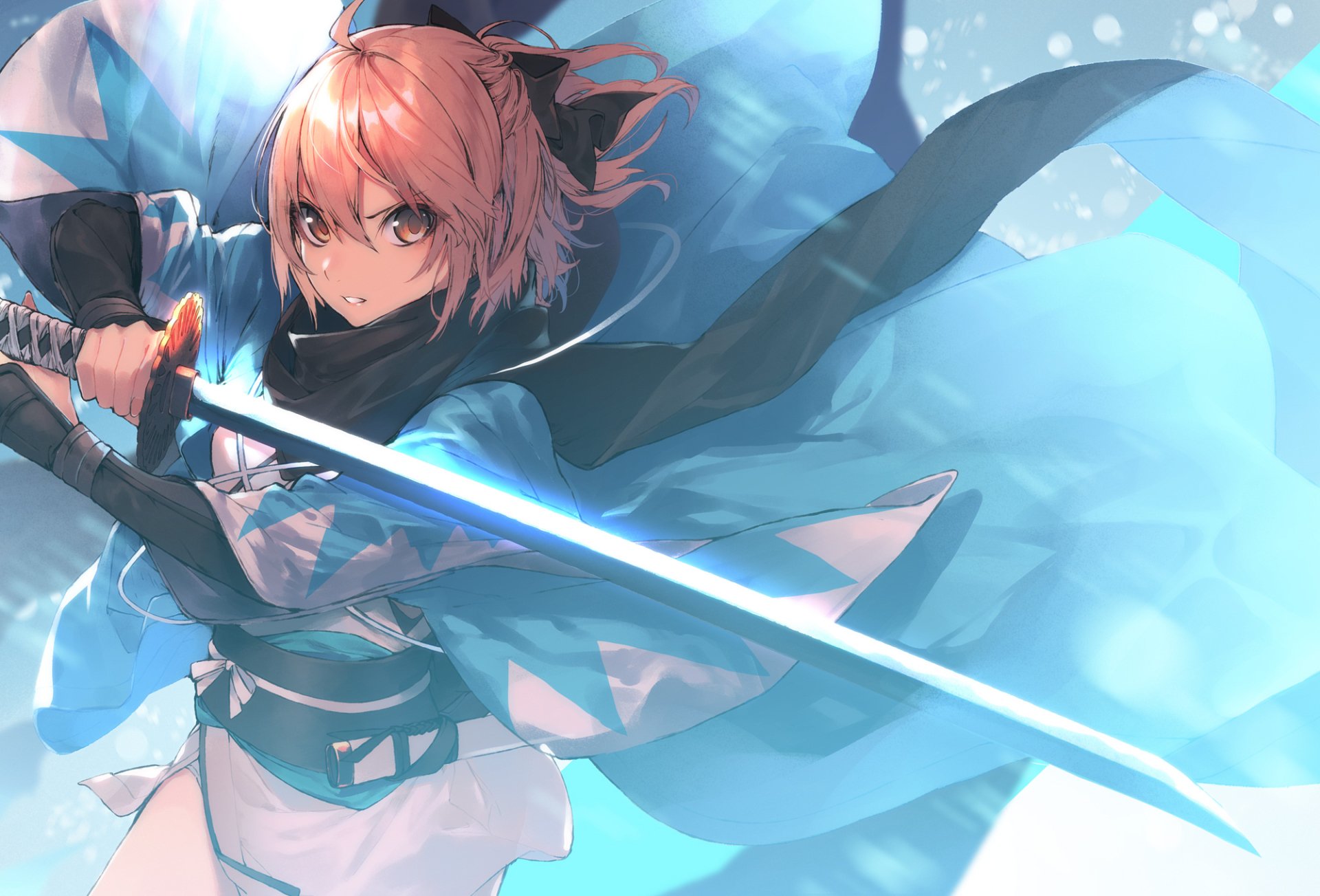 HD PC desktop wallpaper featuring Sakura Saber from Fate/Grand Order in dynamic anime style, wielding a glowing sword amidst swirling blue and white tones.