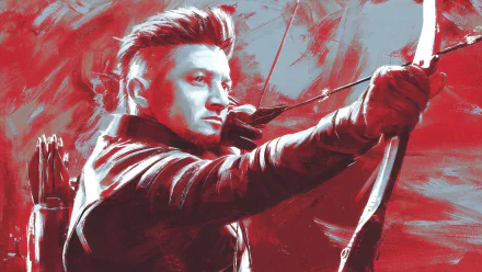 HD desktop wallpaper and background featuring Jeremy Renner as Hawkeye from the movie Avengers: Endgame, showcasing him drawing his bow in a dramatic, red-toned artistic style.