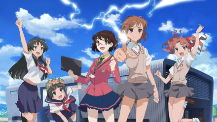 HD desktop wallpaper featuring Kazari Uiharu, Ruiko Saten, Kuroko Shirai, and Mikoto Misaka from the anime A Certain Scientific Railgun, standing energetically under a bright sky with blue clouds and lightning.
