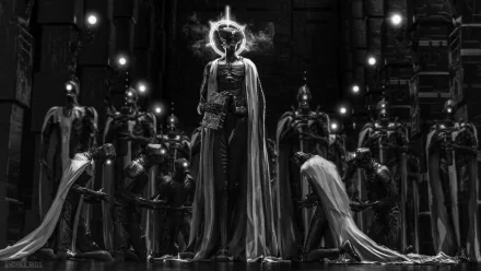 A dark sci-fi scene featuring a cloaked figure with a glowing halo surrounded by multiple robots, evoking a mysterious cult-like atmosphere in an HD PC desktop wallpaper.