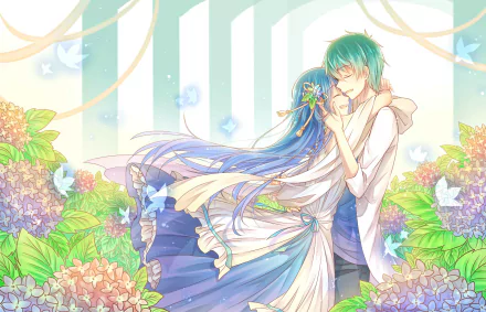 Anime couple with green and blue hair embrace amid colorful flowers, set against a serene, dreamy background. This HD desktop wallpaper emits a romantic and enchanting vibe.