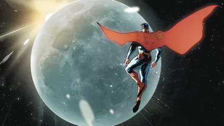 HD PC desktop wallpaper featuring Clark Kent as Superman from DC Comics, soaring in space with a large glowing moon in the background.