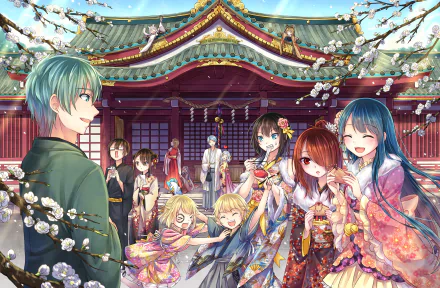 Anime-style 4K Ultra HD wallpaper of people in colorful kimonos celebrating New Year at a traditional shrine adorned with blooming cherry blossoms.