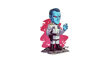 Chibi-style Grand Admiral Thrawn from Star Wars stands confidently against a red abstract background in this vibrant HD sci-fi desktop wallpaper.