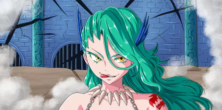 HD PC desktop wallpaper featuring Kyria from the anime Fairy Tail, showcasing her green hair, fierce expression, and distinctive blue feather accessories against a castle backdrop.