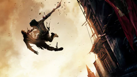 HD PC desktop wallpaper from the video game Dying Light 2: Stay Human, depicting two characters mid-air against a dramatic, light-filled urban backdrop.