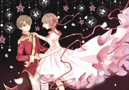 Sakura Kinomoto and Syaoran Li share a dance in flowing outfits among stars, ribbons, and petals — Cardcaptor Sakura anime HD PC desktop wallpaper.