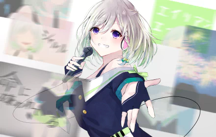 Anime-style 4K Ultra HD PC wallpaper featuring YuNi, a Virtual YouTuber, holding a microphone with a dynamic and vibrant background.