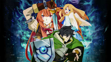 HD desktop wallpaper featuring Naofumi Iwatani, Raphtalia, and Filo from the anime The Rising of The Shield Hero, posed dynamically against an intense, vivid background.