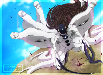 2K Quad HD PC desktop wallpaper/background featuring Sōsuke Aizen (Bleach) in his transformed white cloak, crouched with flowing hair against a bright blue sky, dramatic lighting and falling petals.