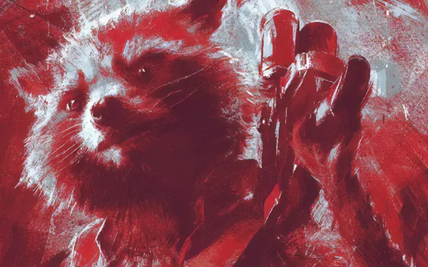 4K Ultra HD PC desktop wallpaper of Rocket Raccoon from Avengers EndGame, showcasing detailed red and white artistic effects.