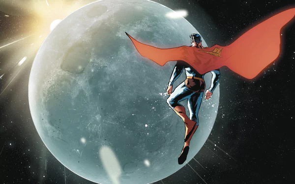 HD PC desktop wallpaper featuring Clark Kent as Superman from DC Comics, soaring in space with a large glowing moon in the background.
