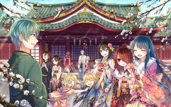 Anime-style 4K Ultra HD wallpaper of people in colorful kimonos celebrating New Year at a traditional shrine adorned with blooming cherry blossoms.