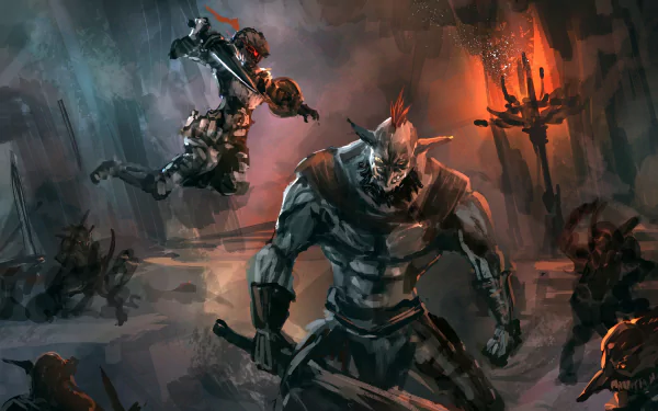 HD desktop wallpaper depicting an intense scene from the anime Goblin Slayer featuring an ogre and a warrior engaged in battle amidst a fiery, eerie backdrop.