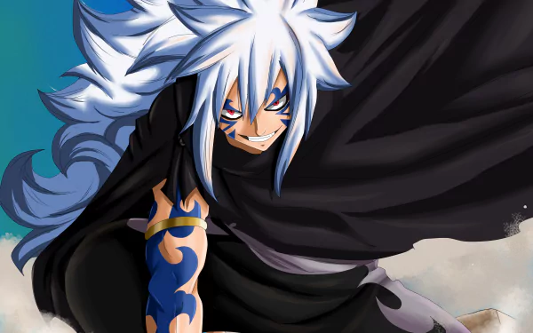 HD PC wallpaper featuring Acnologia from the anime Fairy Tail in a dynamic pose with striking white hair and dark attire against a vibrant background.