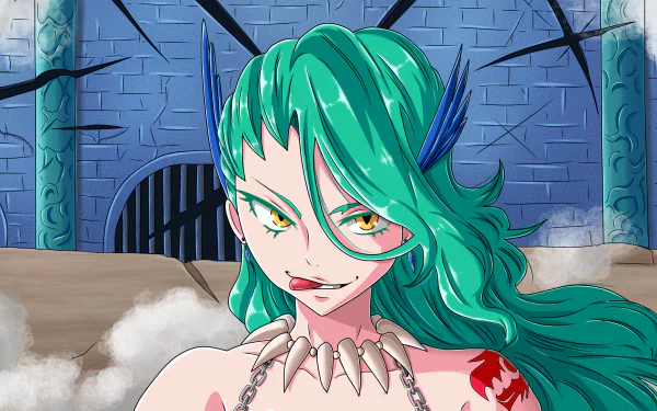 HD PC desktop wallpaper featuring Kyria from the anime Fairy Tail, showcasing her green hair, fierce expression, and distinctive blue feather accessories against a castle backdrop.