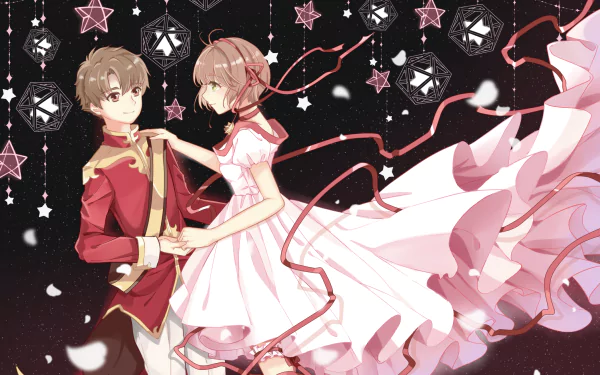 Sakura Kinomoto and Syaoran Li share a dance in flowing outfits among stars, ribbons, and petals — Cardcaptor Sakura anime HD PC desktop wallpaper.