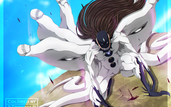 2K Quad HD PC desktop wallpaper/background featuring Sōsuke Aizen (Bleach) in his transformed white cloak, crouched with flowing hair against a bright blue sky, dramatic lighting and falling petals.