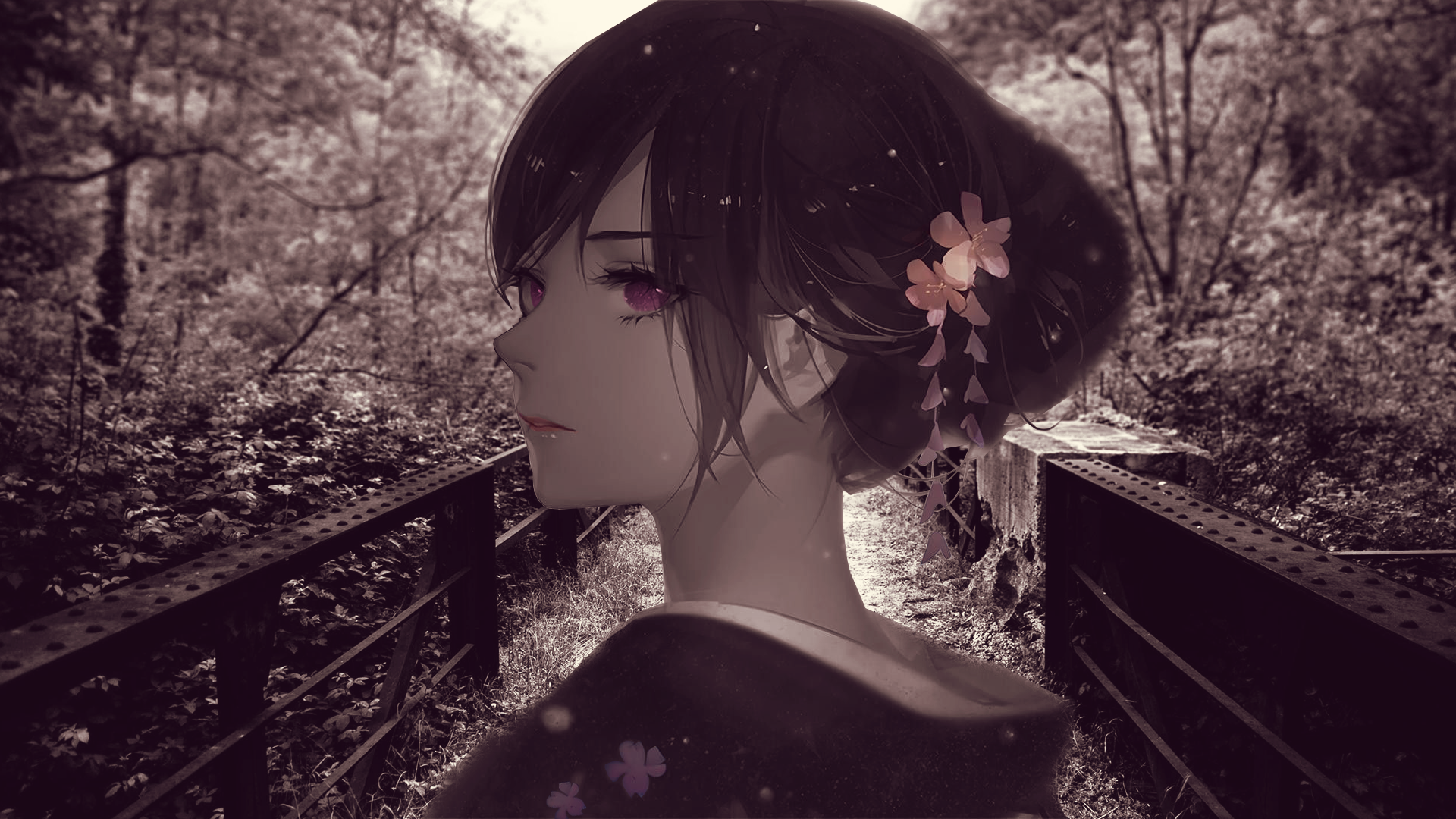 HD anime original artwork of a serene young woman with dark hair and pink flowers, set against a softly lit forest background, designed as a PC desktop wallpaper.