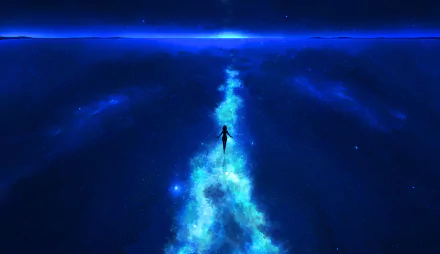 HD anime-style desktop wallpaper featuring a lone silhouette walking along a glowing blue starry path stretching into a cosmic horizon.