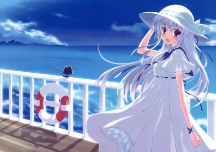 Anime-style girl with long white hair and red eyes wearing a white hat and dress, standing by a railing near the ocean with a small black cat; 4K Ultra HD desktop wallpaper.