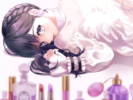 Anime girl with purple eyes, black braided hair, and earrings, smiling while lying down. Lipsticks and perfume bottles are in the foreground. HD desktop wallpaper with bright, detailed artwork.